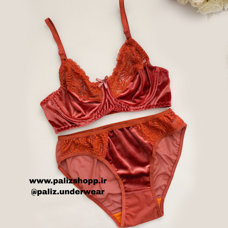 ست شورت و سوتین فانتزی مخمل و گیپور برند ژوبین رنگ مسی