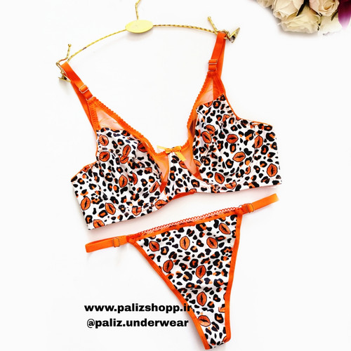 ست شورت و سوتین ساتن فانتزی طرح پلنگی رنگ نارنجی مارک شارمین