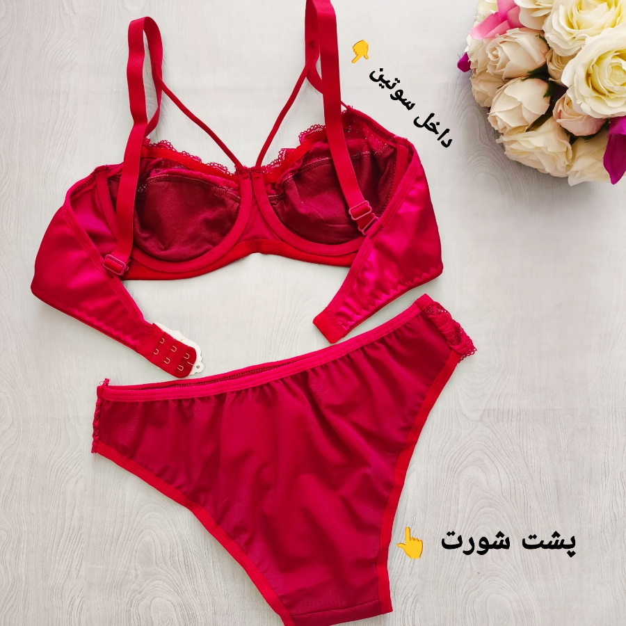 ست لباس زیر فانتزی زنانه ساتن و گیپور رنگ سرخابی - سرخابی / 85