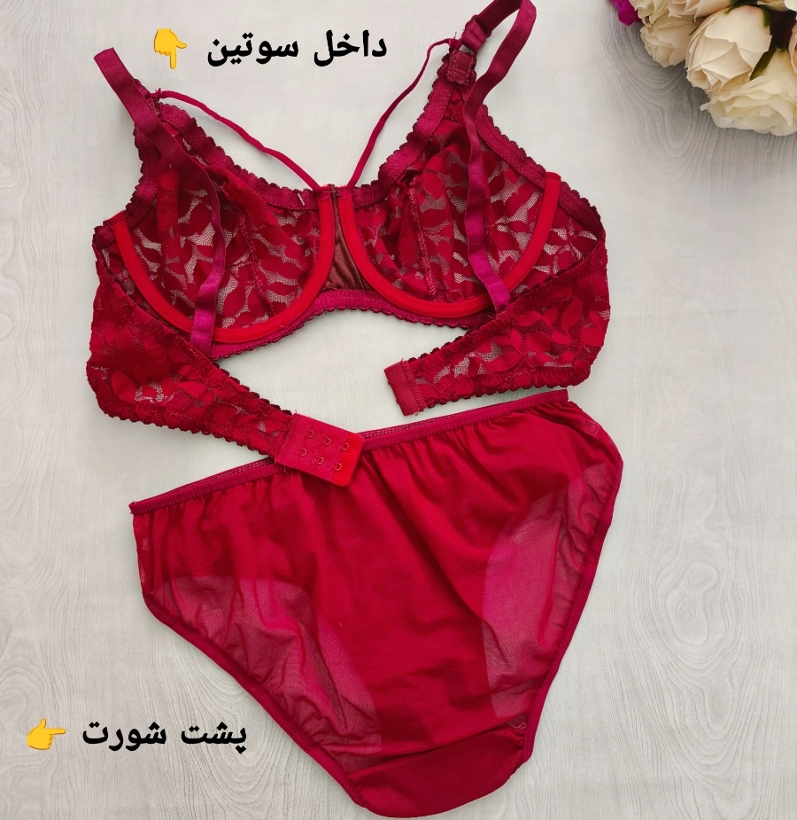 شورت و سوتین توری رنگ زرشکی