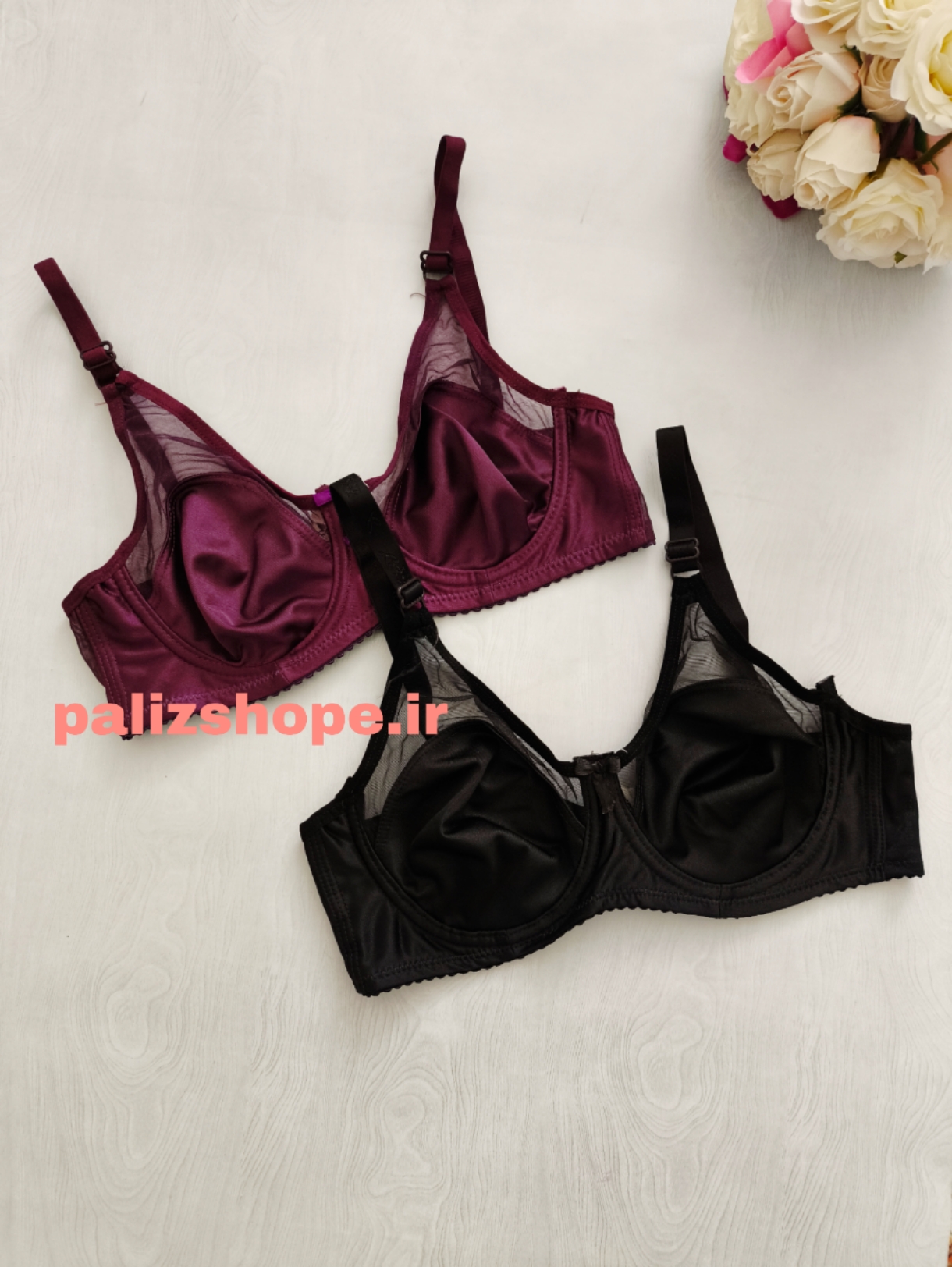 سوتین تک پرلونی بالا شیشه‌ای مینی مایزر و جمع کننده سینه رنگ مشکی و بنفش بادمجانی