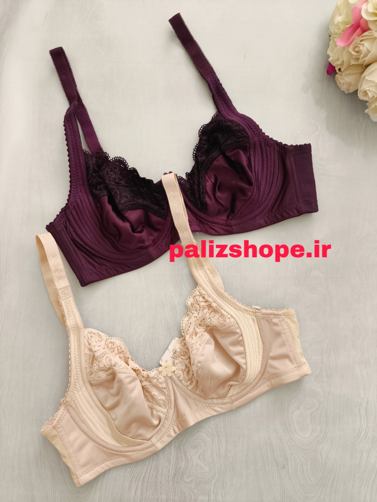 سوتین تک فنردار مینی مایزر و جمع کننده سینه پرلونی و گیپوری مدل مانکن رنگ بادمجانی و کرم