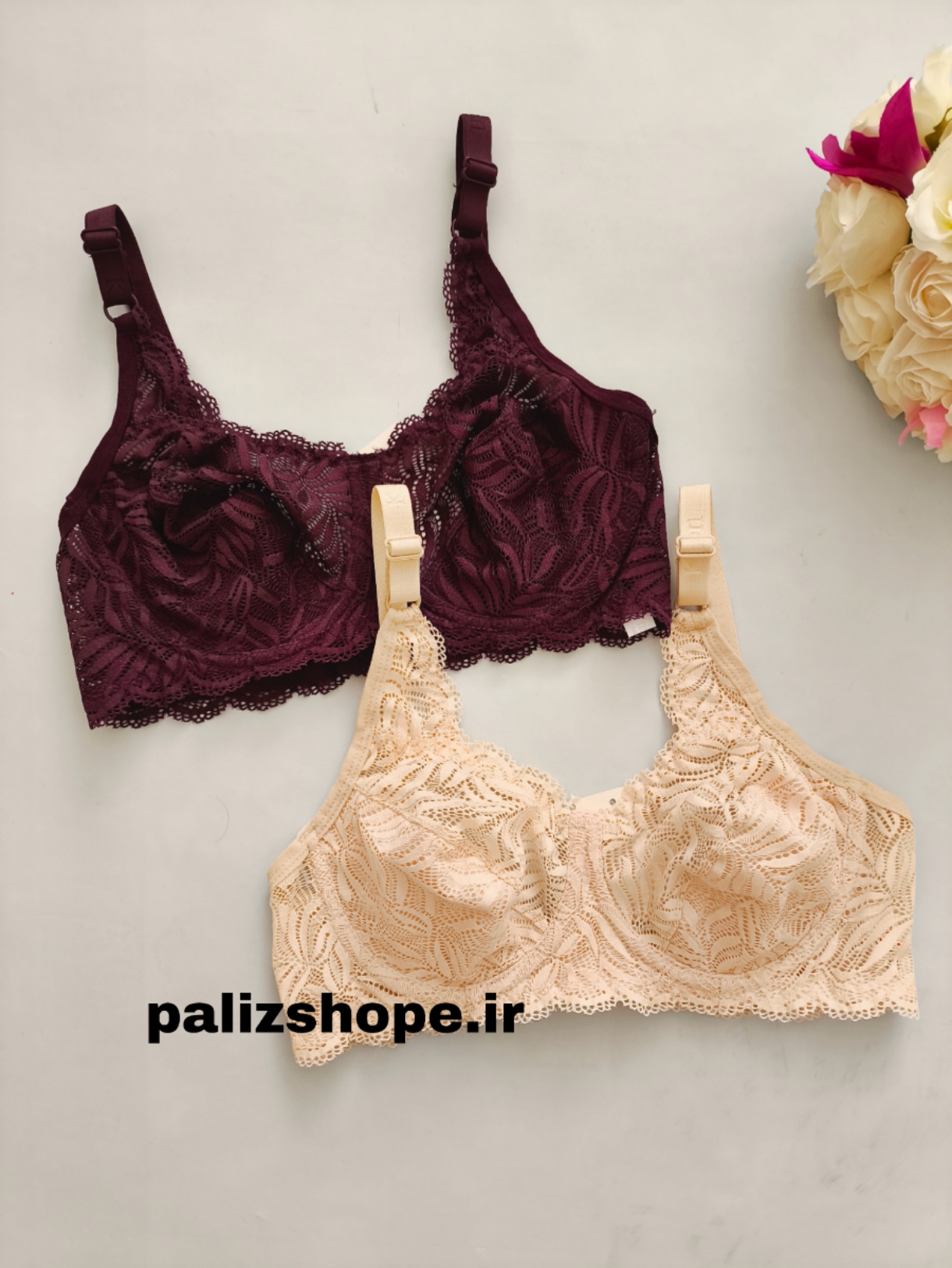 سوتین تک فنردار گیپوری کارن رنگ بادمجانی و کرم