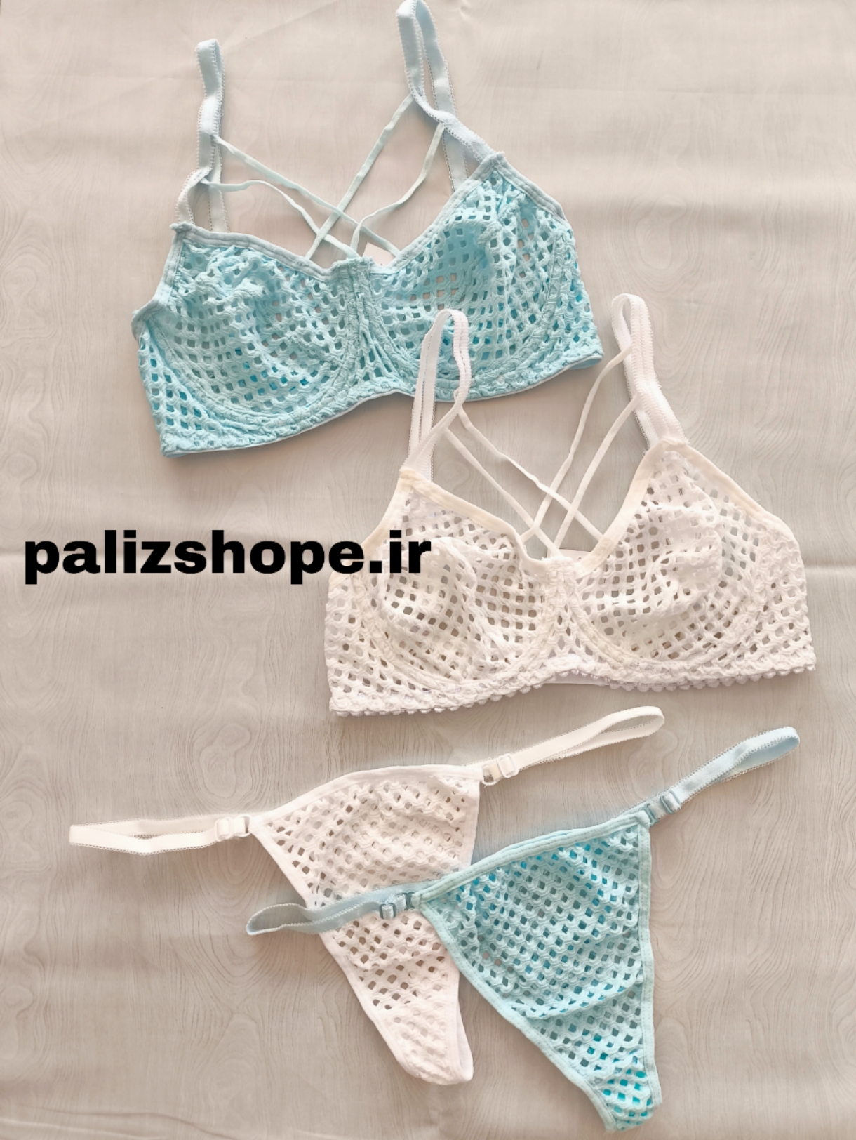 ست شورت و سوتین فانتزی لانه زنبوری رنگ آبی و سفید