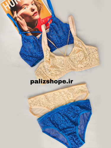 خرید ست لباس زیر فانتزی گیپوری طرح گل رز رنگ کربنی و کرم از فروشگاه پالیز شاپ