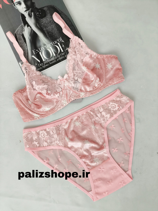 خرید ست لباس زیر فانتزی مخمل و دانتل رنگ صورتی طرح ستاره از فروشگاه پالیز شاپ