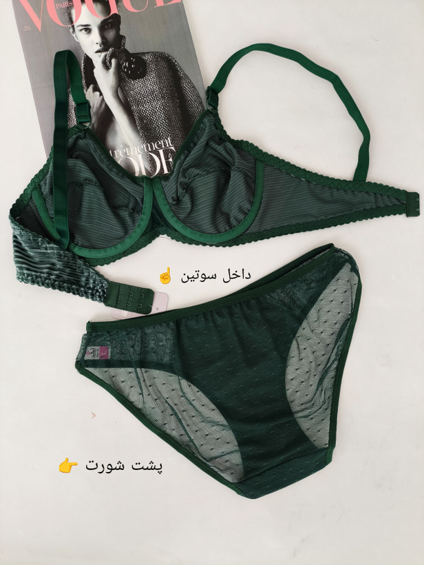 خرید ست لباس زیر فانتزی مخملی طرح کبریتی رنگ یشمی از فروشگاه پالیز شاپ